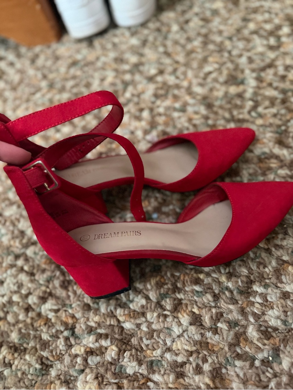 Dream Pairs Red Suede Pointed Block Heel Ankle-Strap Pumps